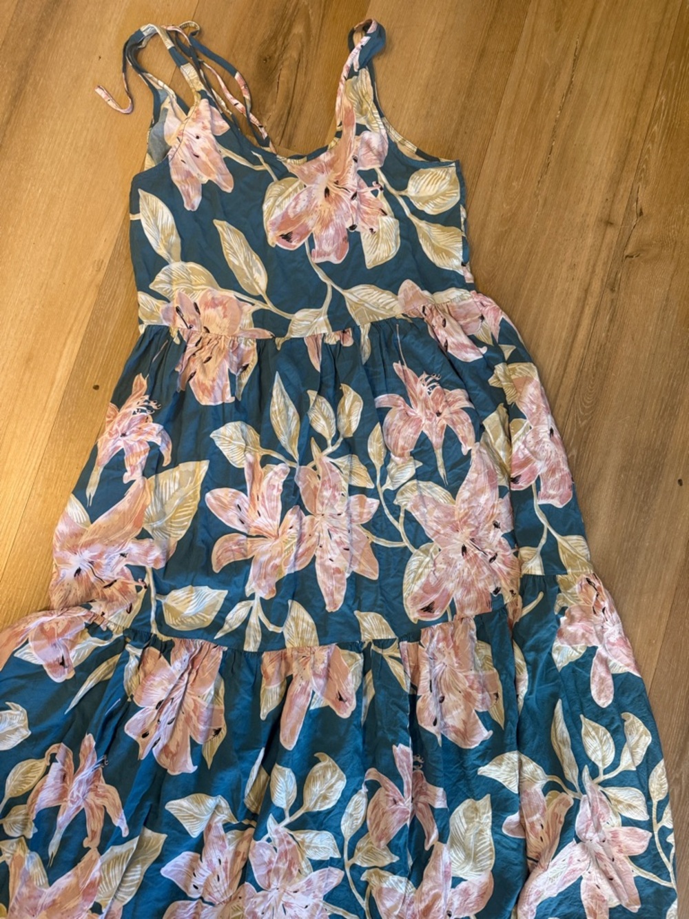 Teal Floral Tiered maxi Sundress with Pink Blooms
